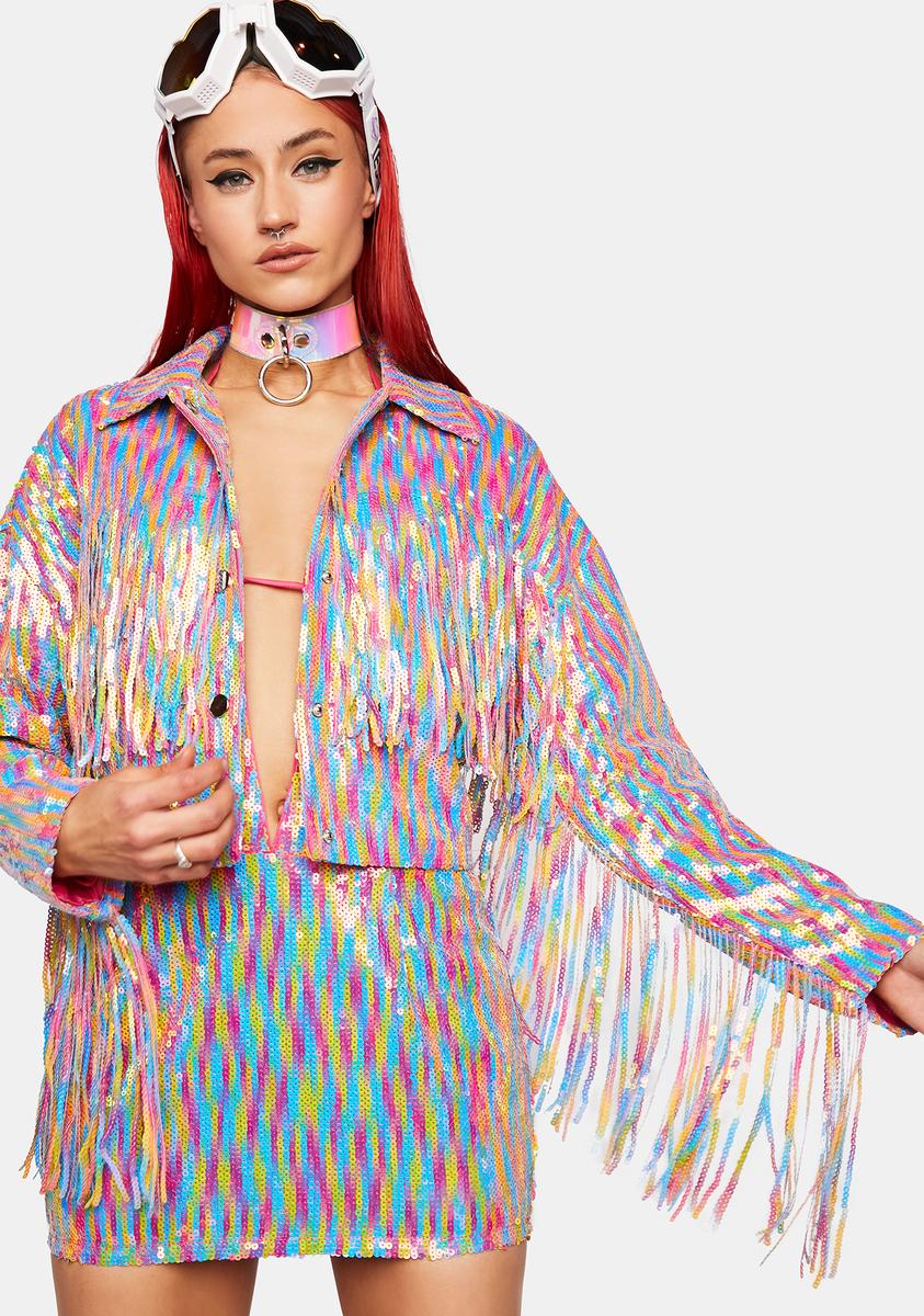 Sequin Fringe Crop Jacket Rainbow – Dolls Kill