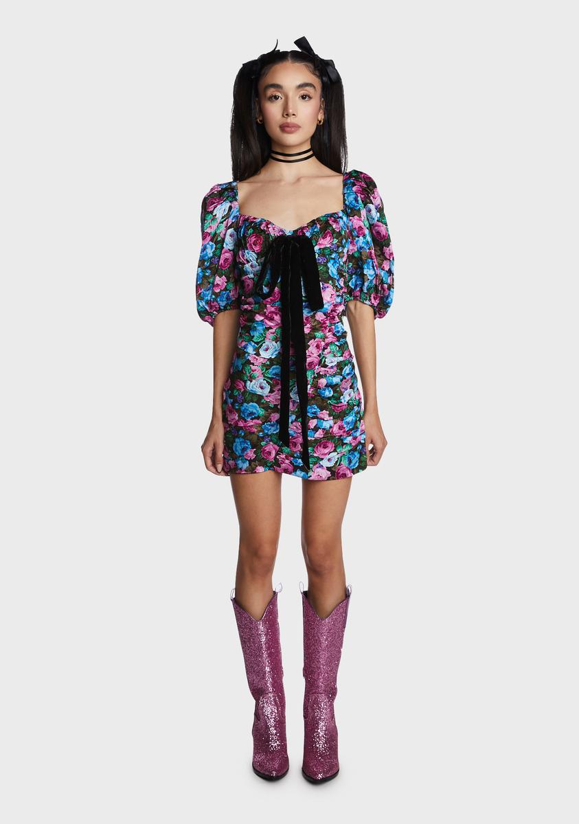 For Love & Lemons Floral Print Babydoll Puff Sleeve Mini Dress