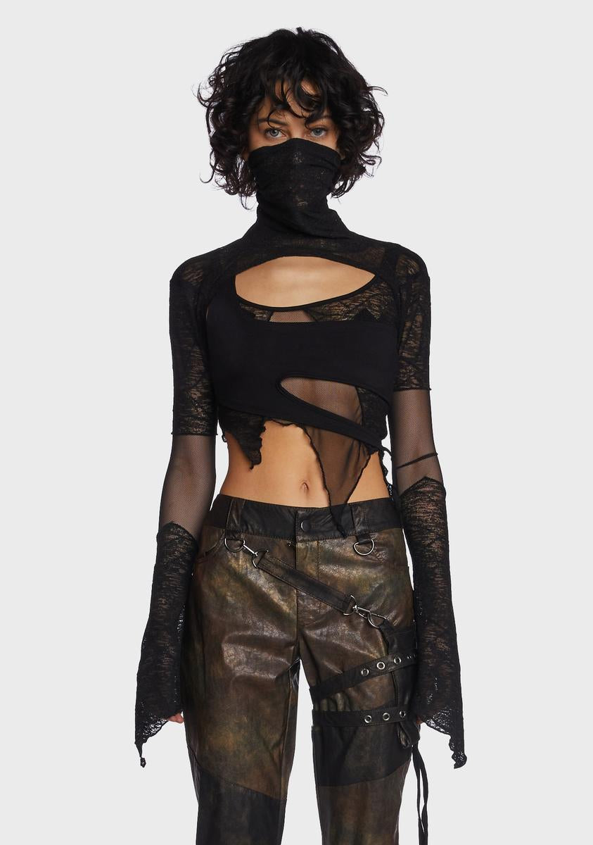 DARKER WAVS Fishnet Mesh Tank And Mask Shrug Set - Black – Dolls Kill