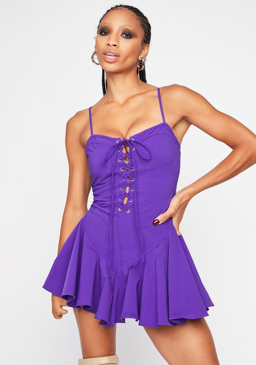 Lace Up Fit Flare Ruffle Mini Dress - Purple Lace Up Fit Flare Ruffle Mini Dress - Purple