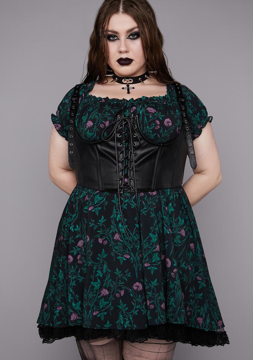 Plus Size Widow Ivy Mini Dress With Vegan Leather Underbust Corset - Black/ Green  Dolls Kill