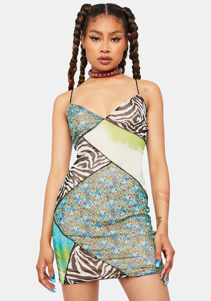 Mesh Patchwork Bungee Strap Mini Dress