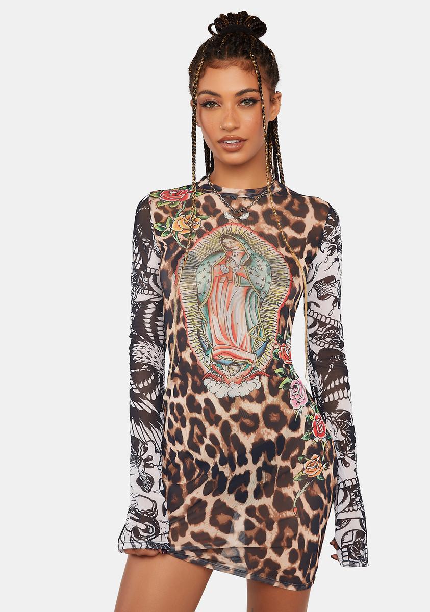 Ed Hardy x Dolls Kill Virgin Mary Leopard Print Mesh Mini Dress - Multi Ed Hardy x Dolls Kill Virgin Mary Leopard Print Mesh Mini Dress - Multi
