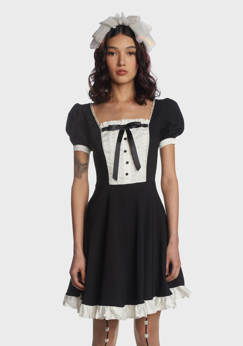 Dark In Love Puff Sleeve Satin Brocade Babydoll Dress - Black/White