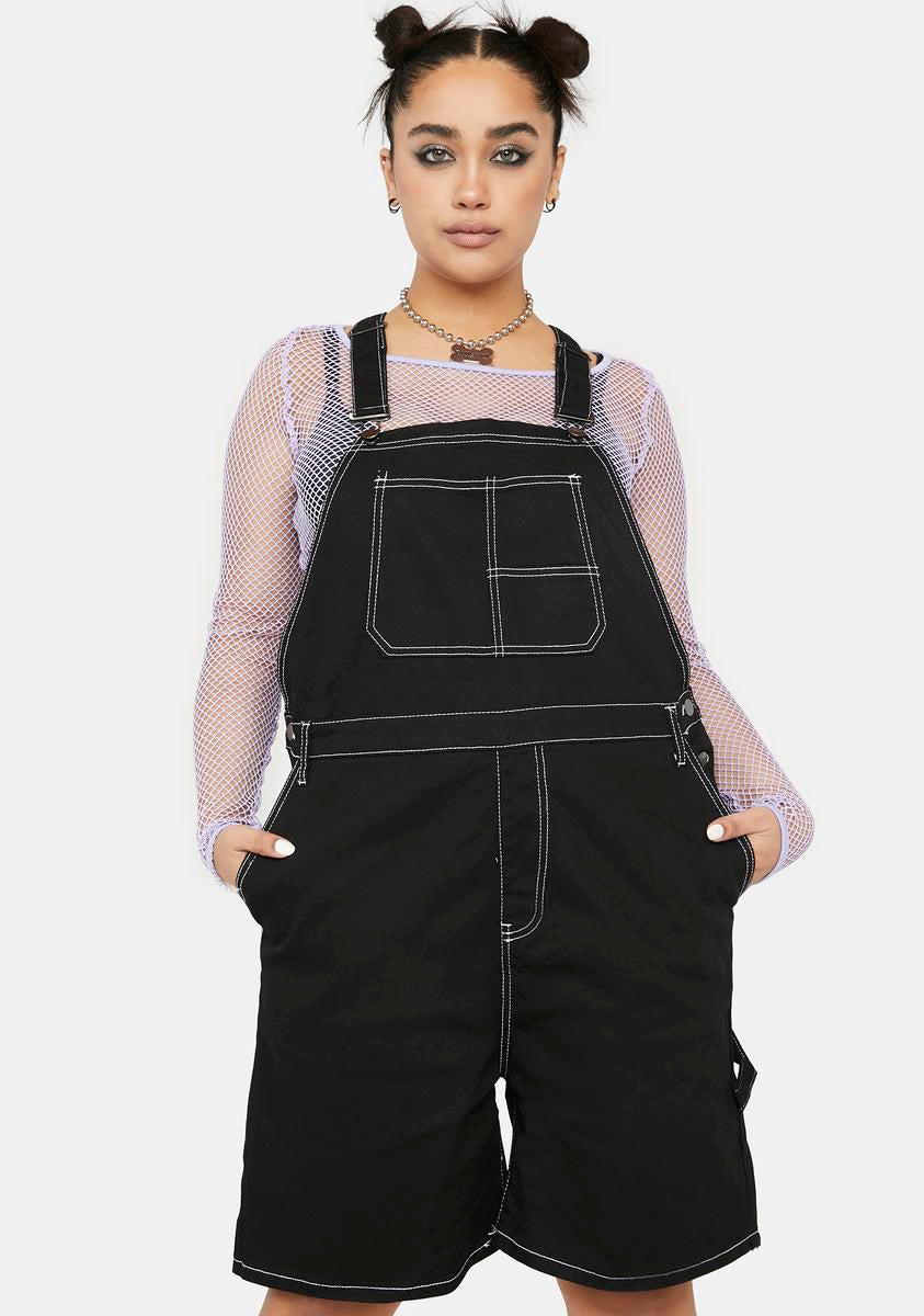 Plus Size Denim White Stitching Utility Shortalls Black White