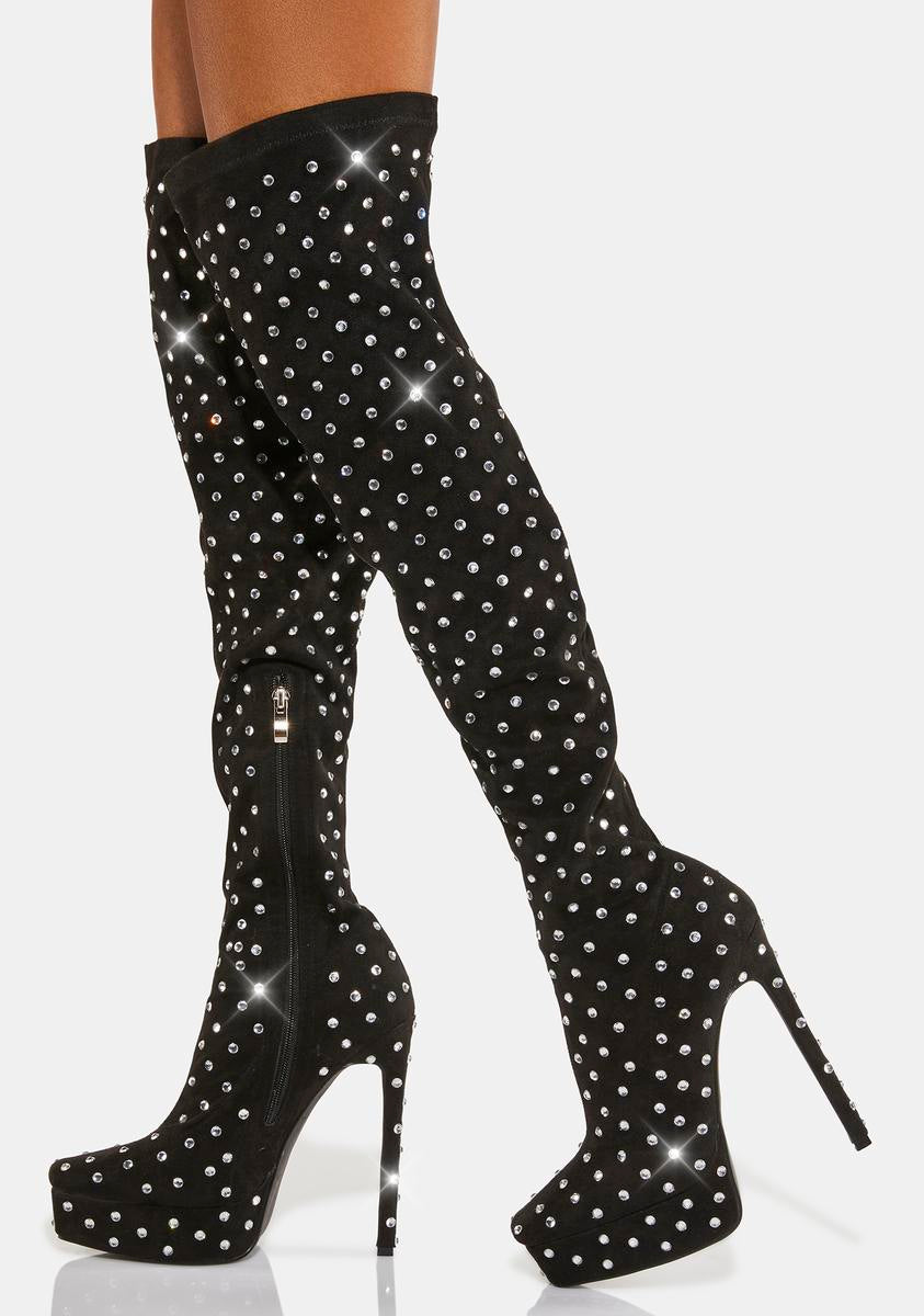Simmi Rhinestone Thigh High Platform Heeled Boots Black – Dolls Kill