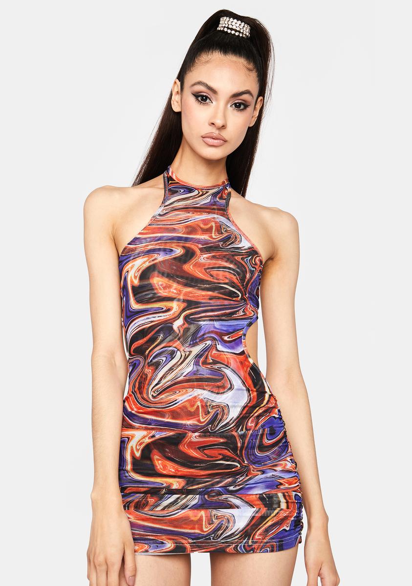 By Dyln Ruched Mesh Cut Out Mini Dress