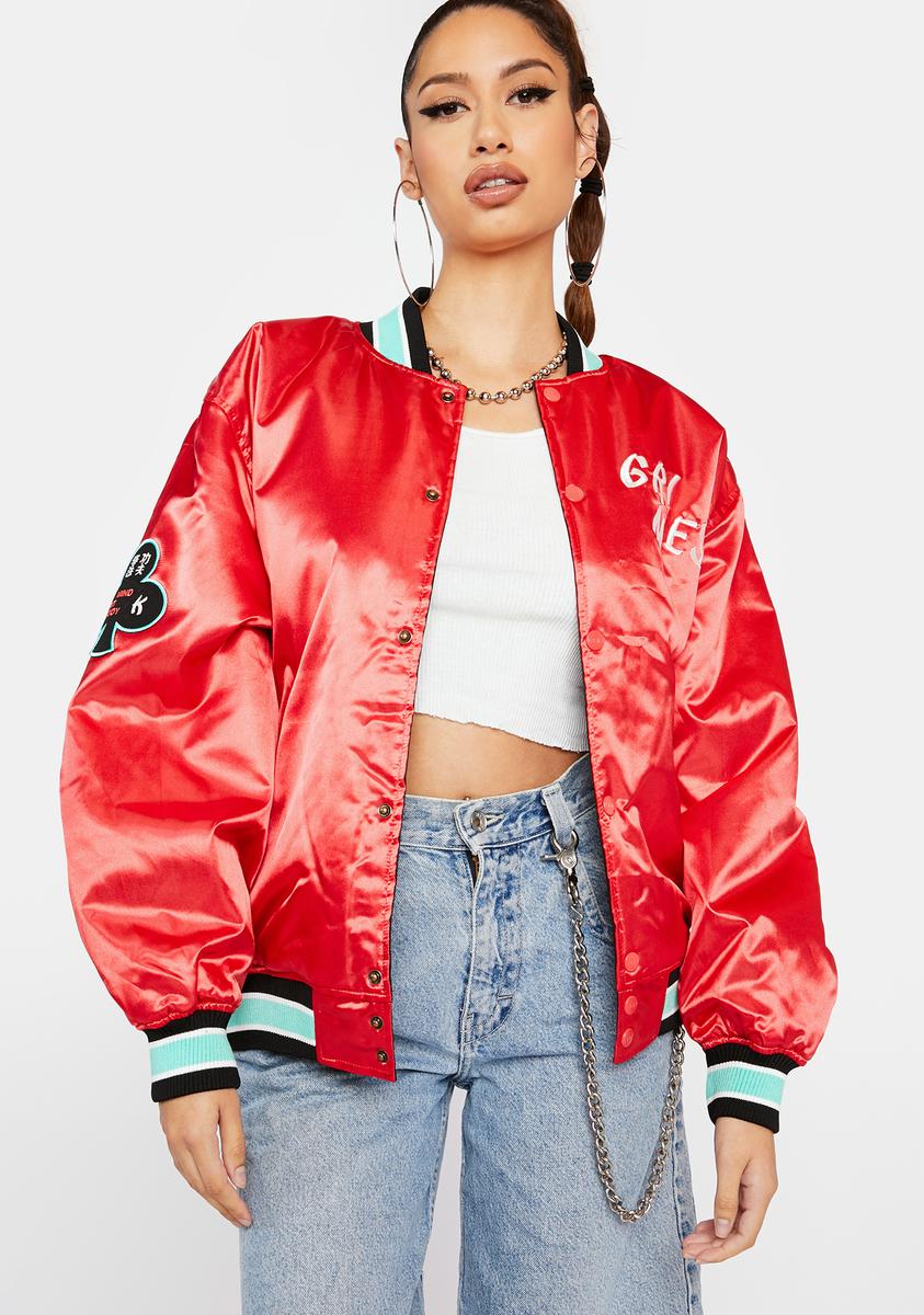 Grimey Satin Embroidered Varsity Bomber Jacket Red – Dolls Kill
