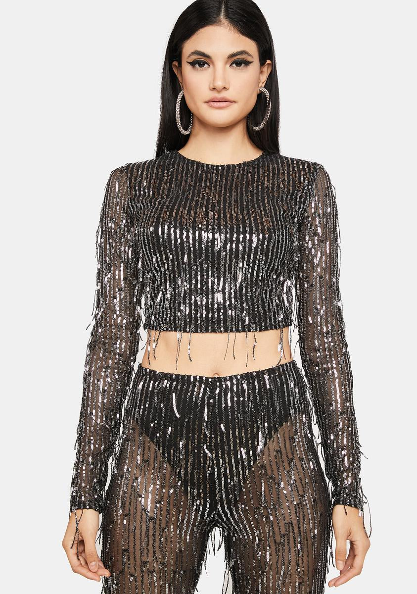 Sparkle Mesh Long-sleeve Top in Silver Sparkle