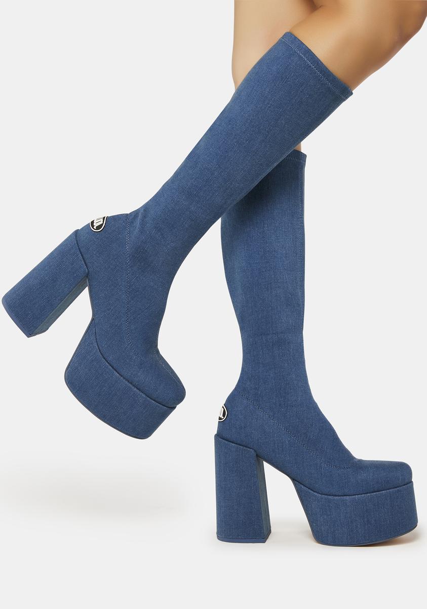NOKWOL Knee High Platform Denim Boots Black Dolls Kill