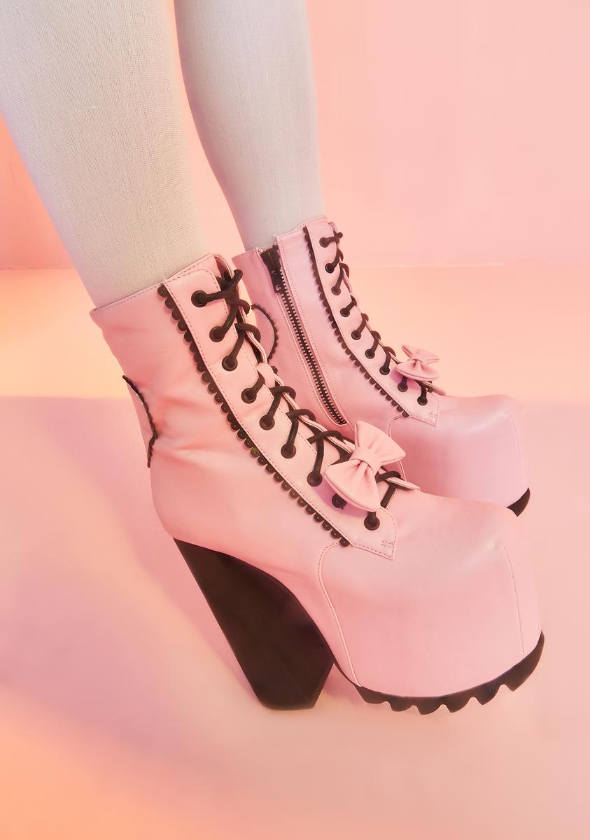 厚底 ヒール ブーツ ピンク unif マーメイドメタリック dollskill Sugar Thrillz Vegan Leather Bow Tie Boots - Pink – Dolls Kill