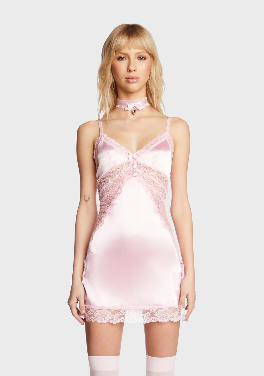Sugar Thrillz Sheer Lace Paneled Slip Dress - Pink Satin