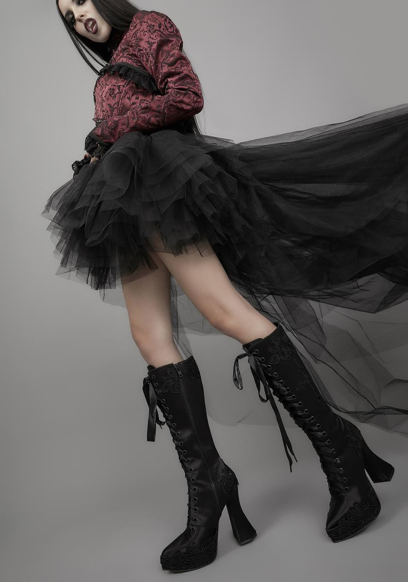 Widow Satin Knee High Boots With Lace Embroidery - Black