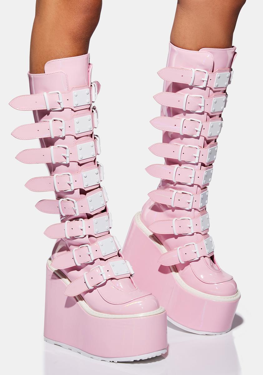 Demonia Swing-815 Knee High Buckle Platform Boots - Pink Holographic