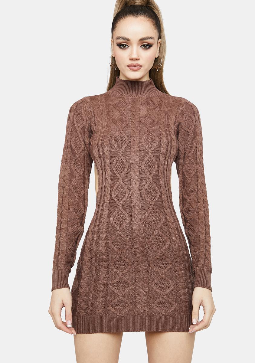 Cable Knit Long Sleeve Mock Neck Mini Dress - Brown Dolls Kill Cable Knit Long Sleeve Mock Neck Mini Dress - Brown Dolls Kill