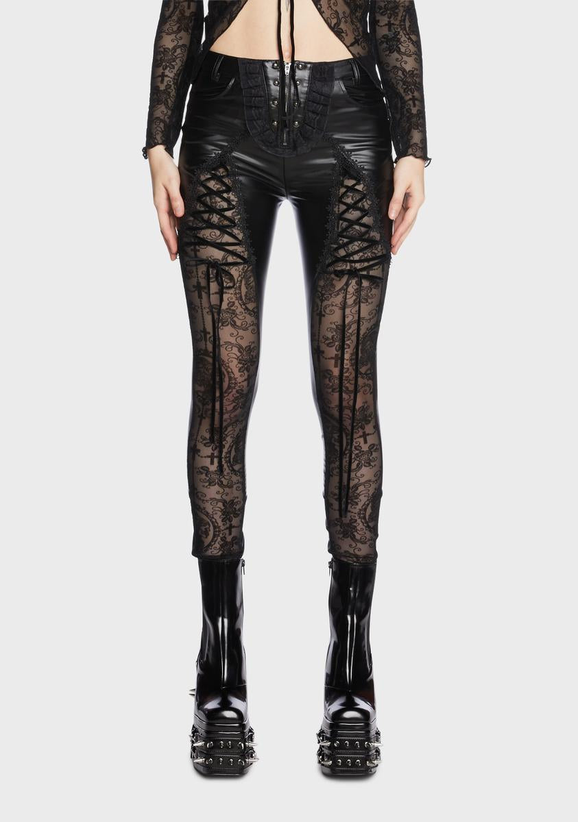 Devil Fashion Vegan Leather Splice Lace Skinny Pants Black