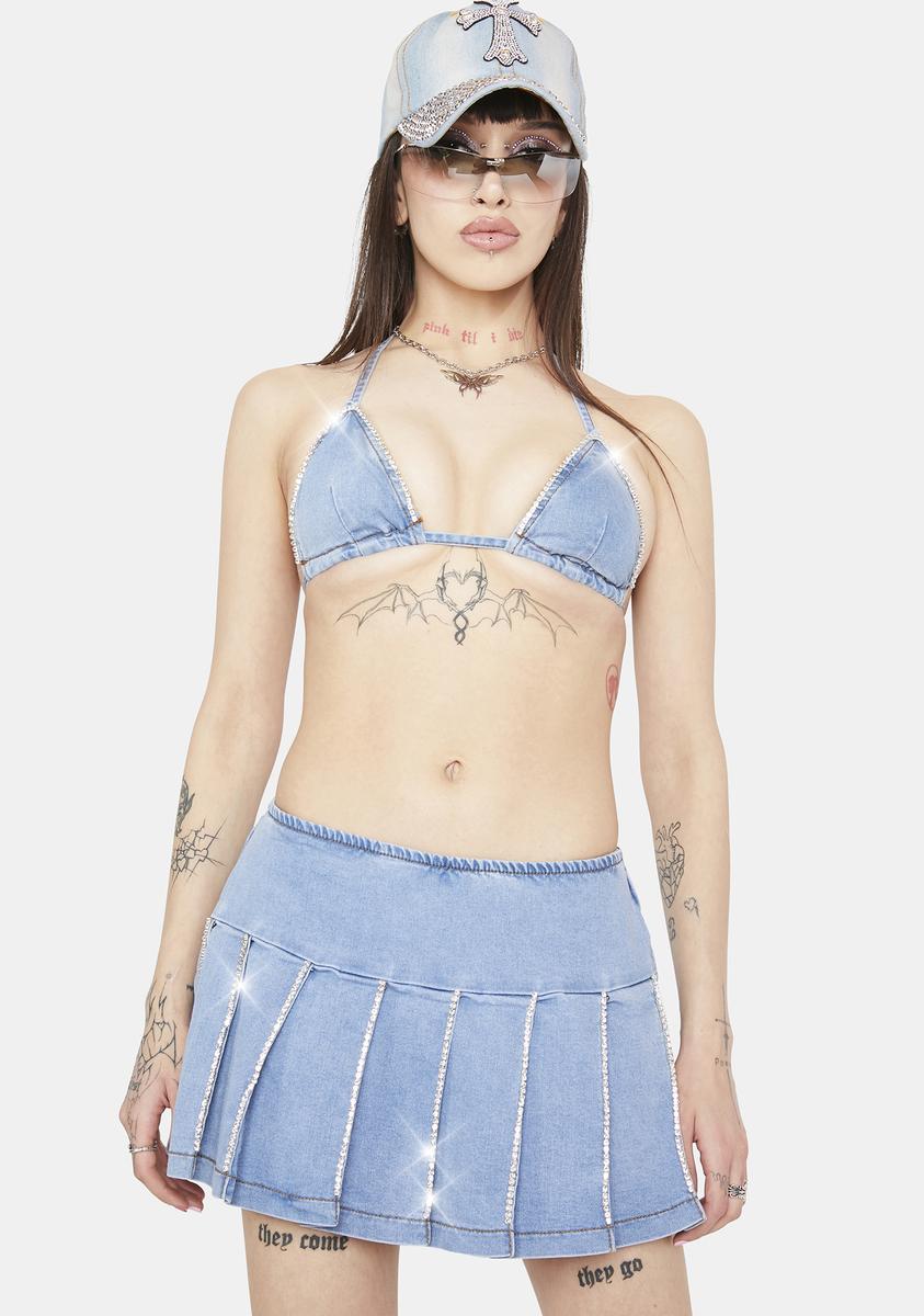 Denim pleated deals skirt set