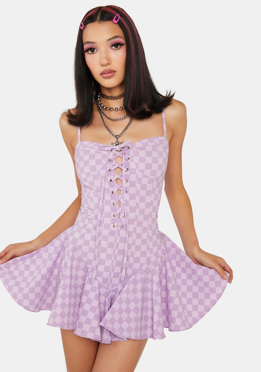 Checkered Lace-Up Mini Dress - Purple  Dolls Kill