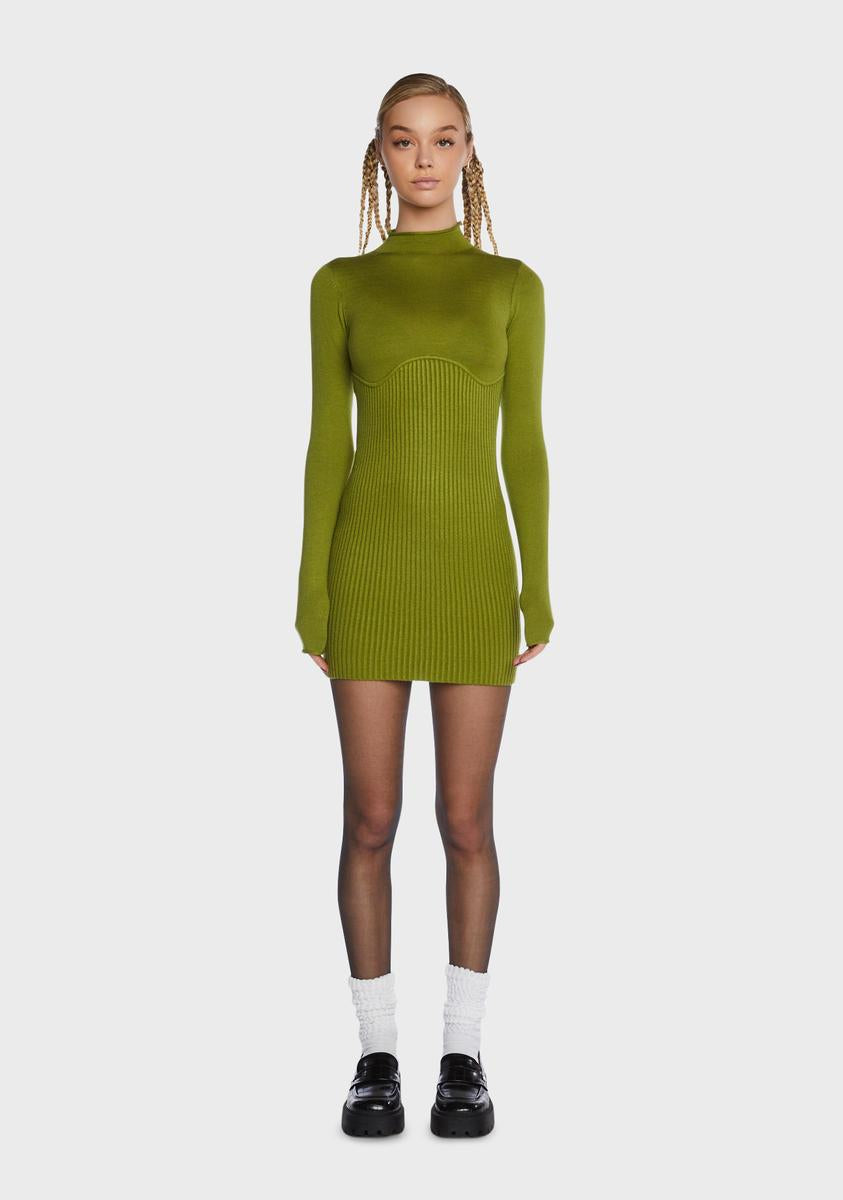 Mock Neck Long Sleeve Sweater Dress - Green Dolls Kill Mock Neck Long Sleeve Sweater Dress - Green Dolls Kill