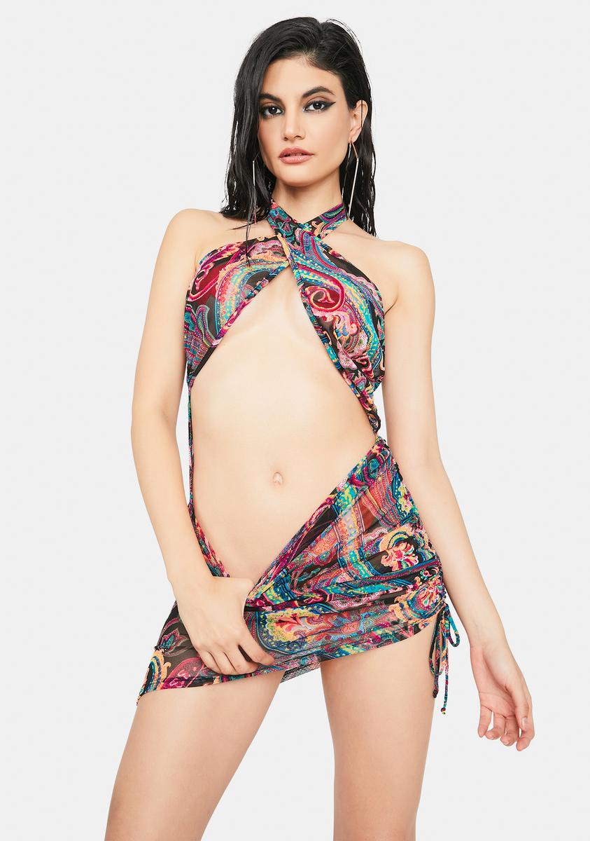 Paisley Bandana Print Ruched Mini Halter Dress
