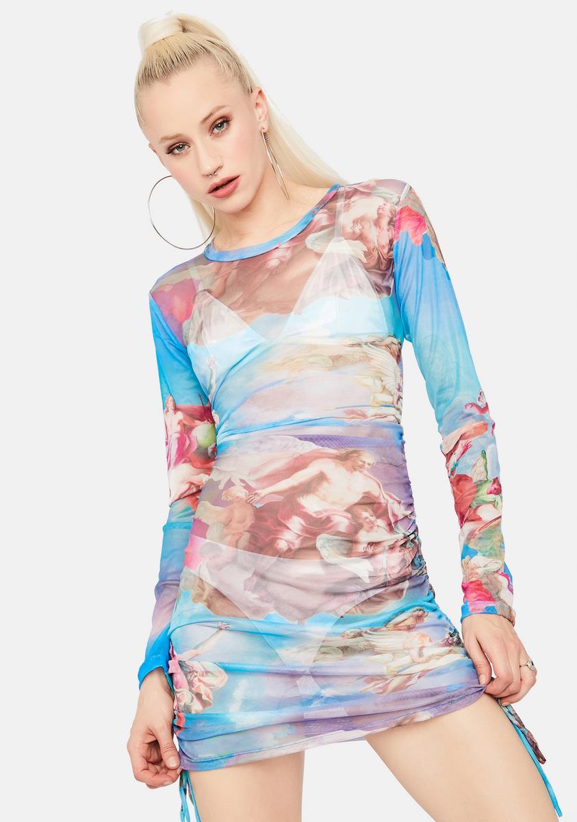 Mesh Angel Print Ruched Mini Dress Blue Multi Dolls Kill