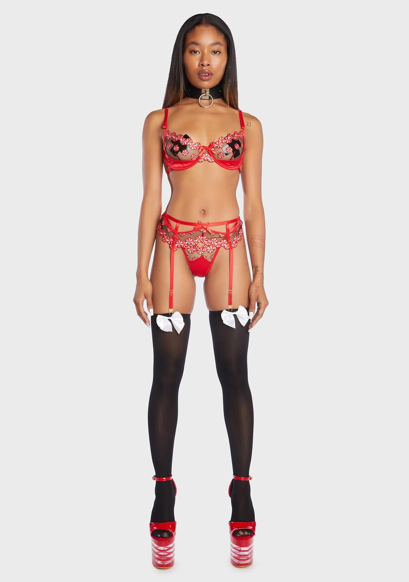 Roma Peppermint Embroidered Bra Thong Garter Belt Set - Red Dolls Kill Roma Peppermint Embroidered Bra Thong Garter Belt Set - Red Dolls Kill