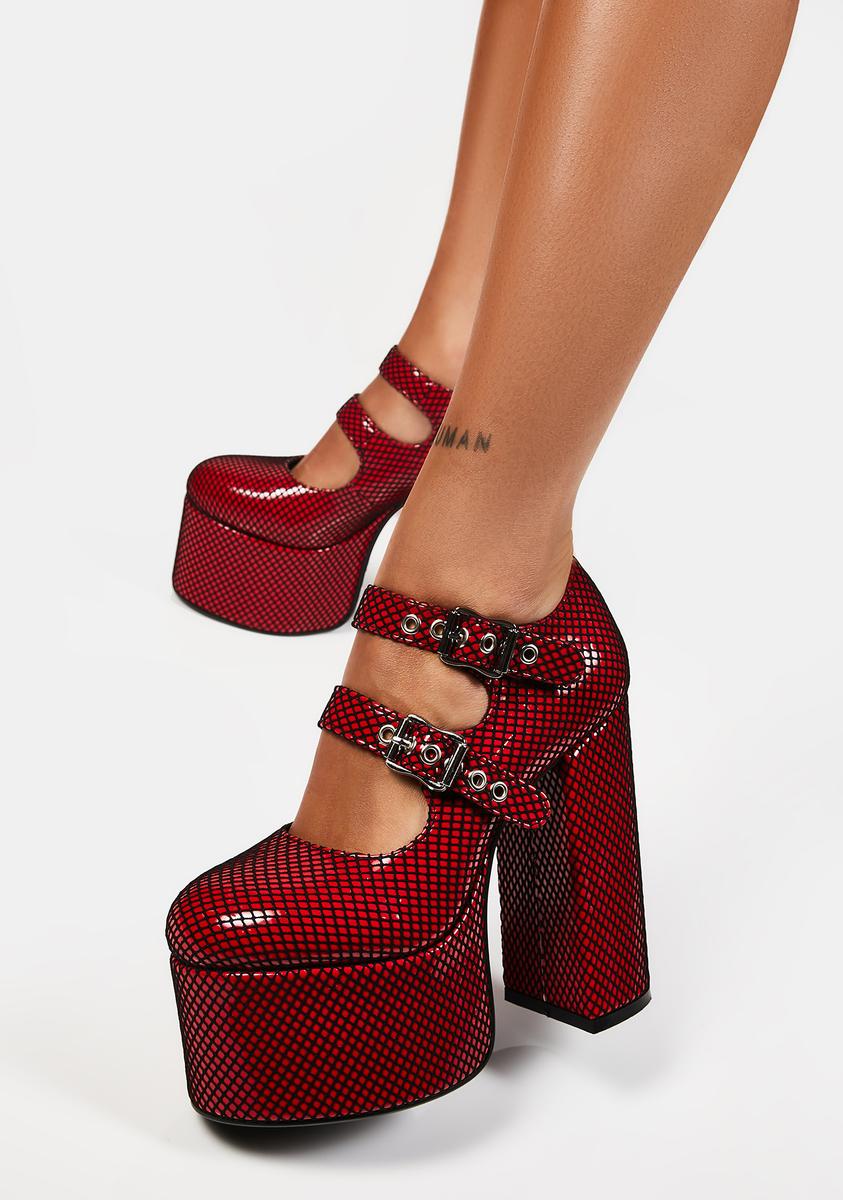 Current Mood Fishnet Platform Mary Janes - Red/Black