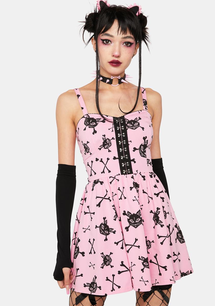 The Grave Girls Cat Kitty Bones Print Mini Dress