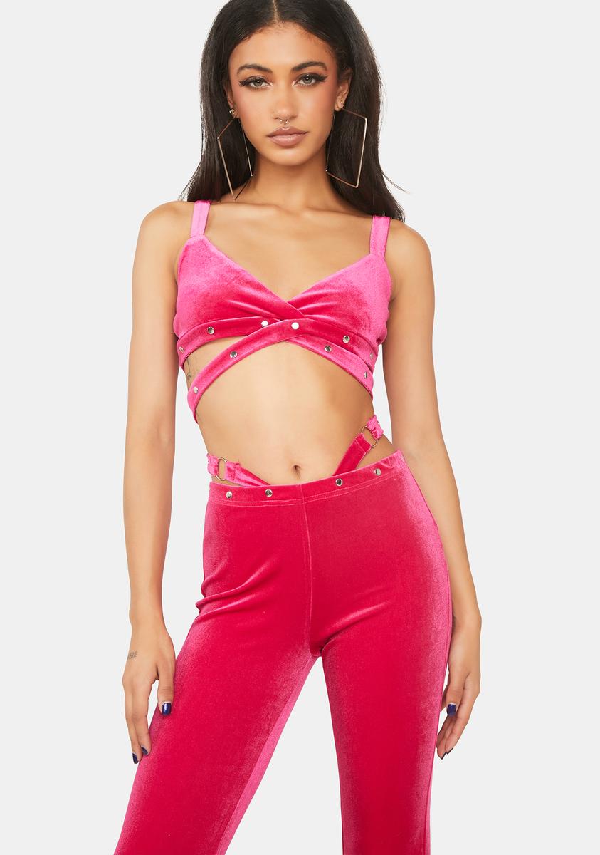 Velour Triangle Bra And Flare Pants With Rhinestones - Hot Pink – Dolls Kill