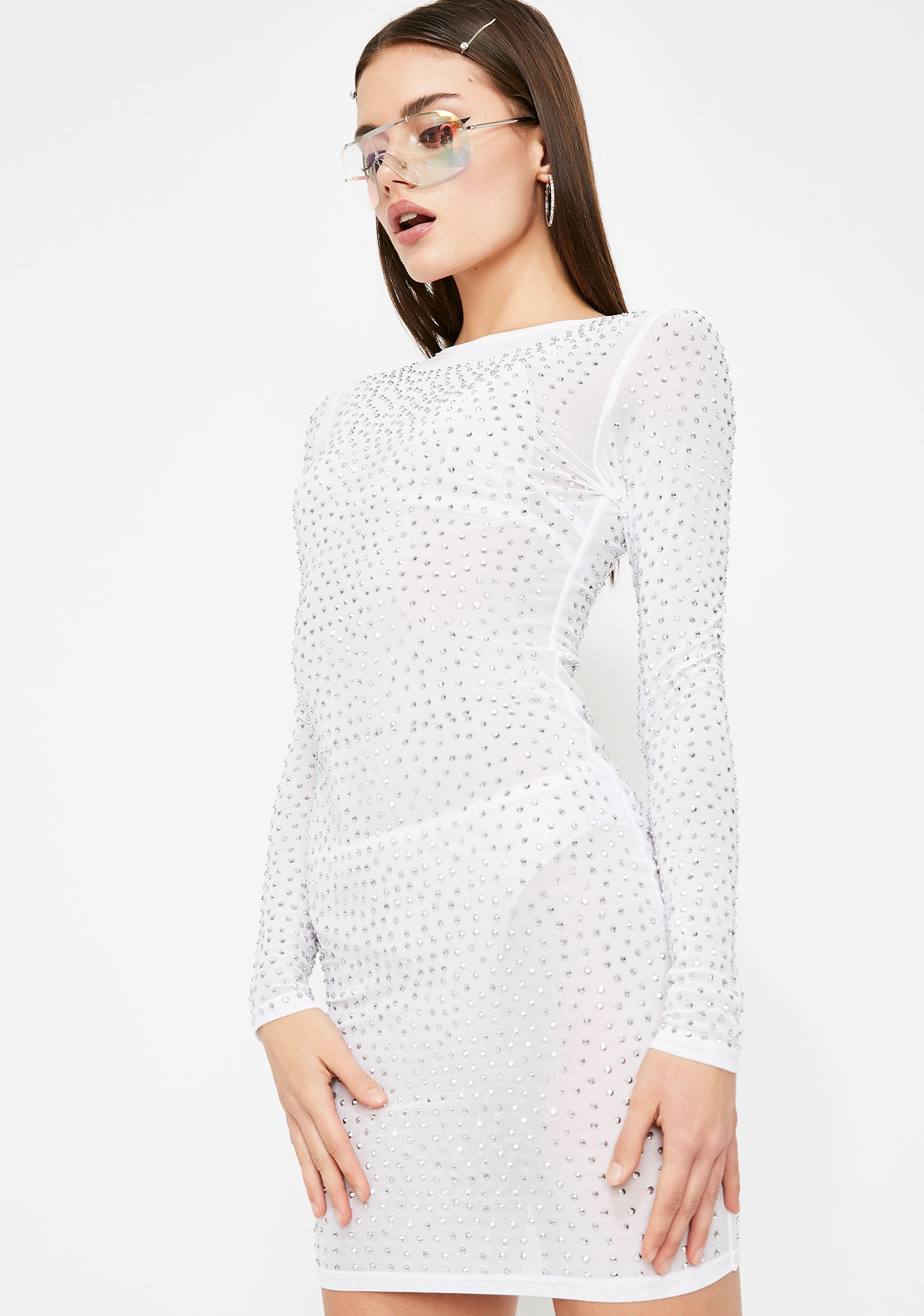 Long Sleeve Bodycon Mini Rhinestone Dress – Dolls Kill
