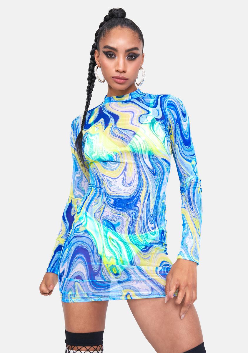Psychedelic Print Sheer Mini Dress - Blue Multi  Dolls Kill