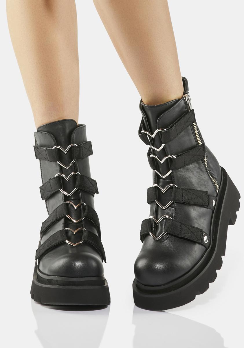 Demonia Strappy Heart Combat Boots Black – Dolls Kill