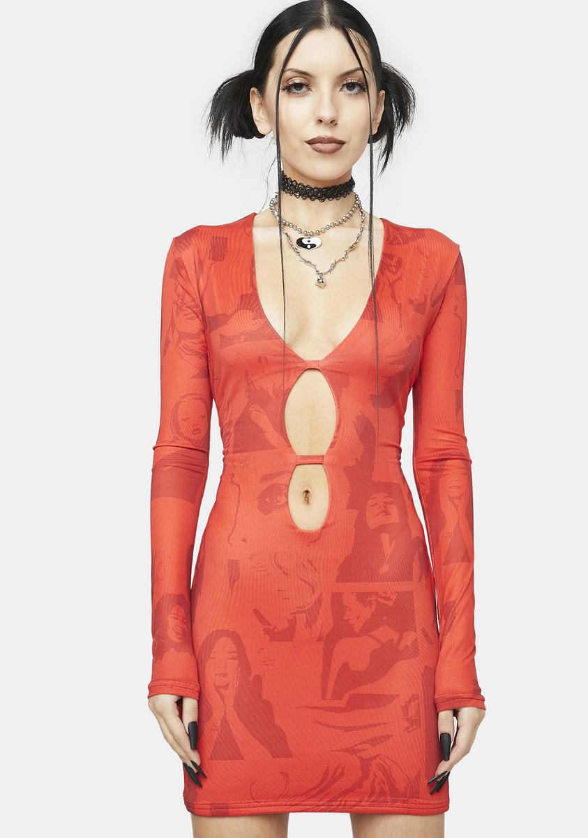 edikted red dress Edikted Graphic Print Cut Out Mini Dress