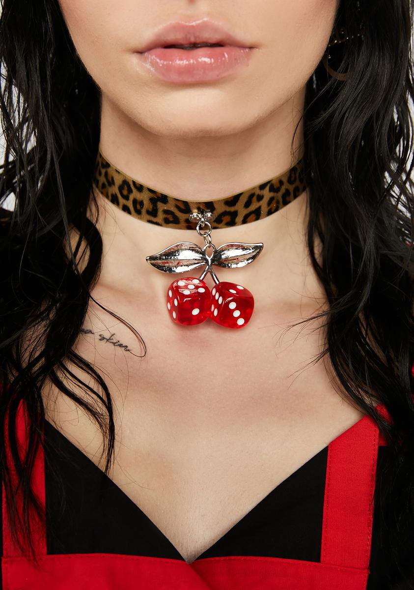Leopard Print Cherry Leaf Dice Choker Necklace Leopard/Red