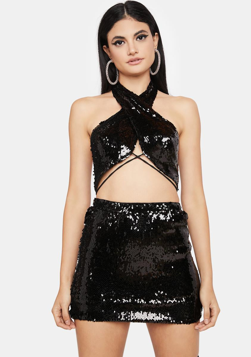 Sequin Wrap Halter And Skirt Set - Black  Dolls Kill