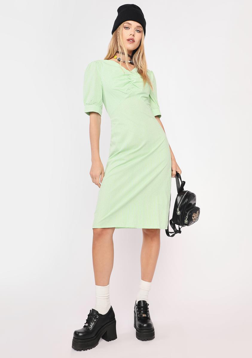 Gingham Mid Sleeve Midi Dress - Green Dolls Kill Gingham Mid Sleeve Midi Dress - Green Dolls Kill