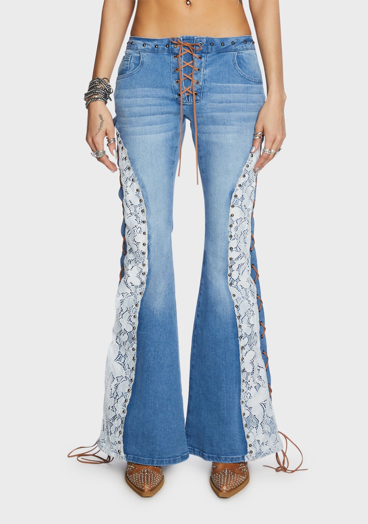 Current Mood Denim Lace Up Flared Low Rise Jeans Blue – Dolls Kill