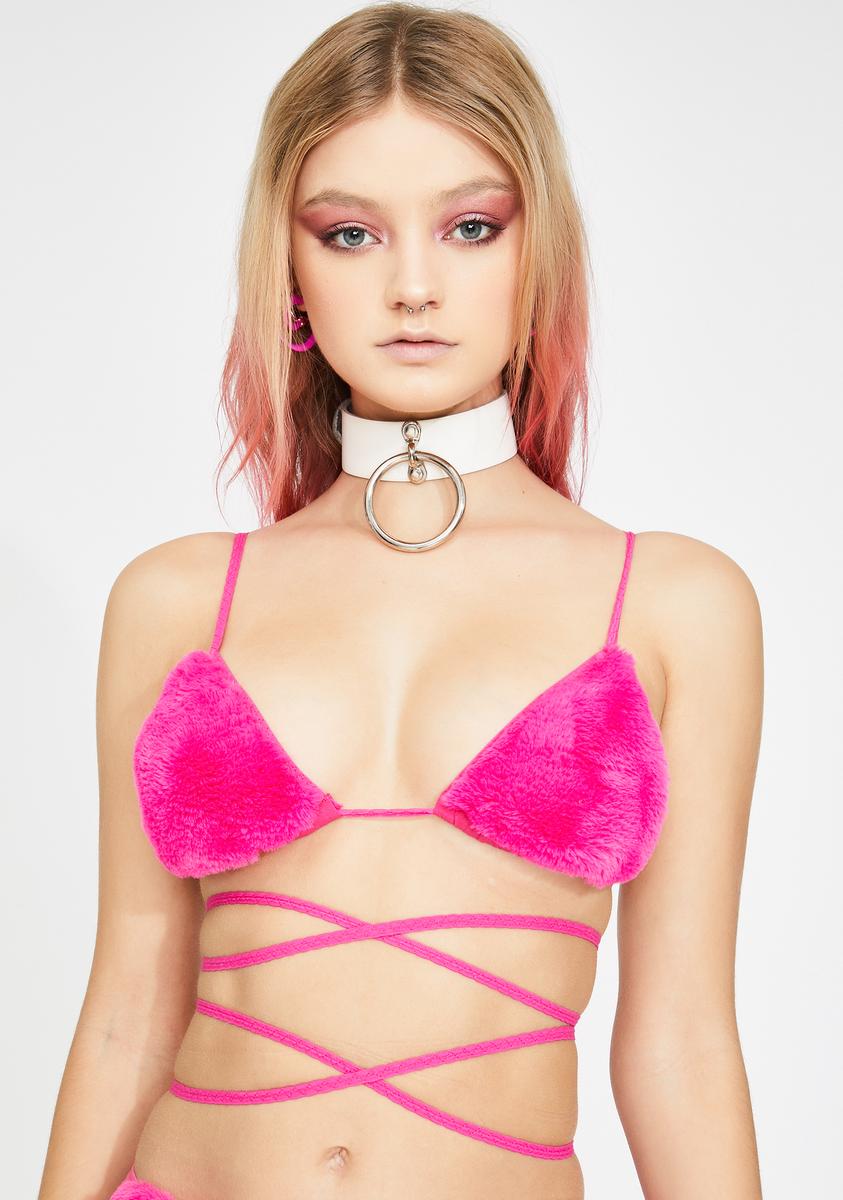 Club Exx Festival Rave Hot Pink Faux Fur Triangle Bra Bikini Top