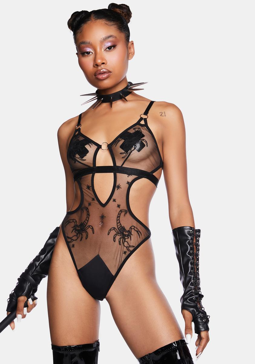 Thistle And Spire Sheer Tulle Embroidered Scorpio Bodysuit - Black
