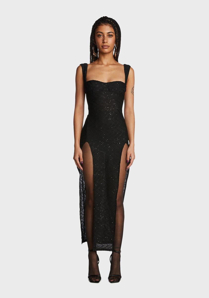 Glitter Side Slit Maxi Dress - Black Dolls Kill Glitter Side Slit Maxi Dress - Black Dolls Kill