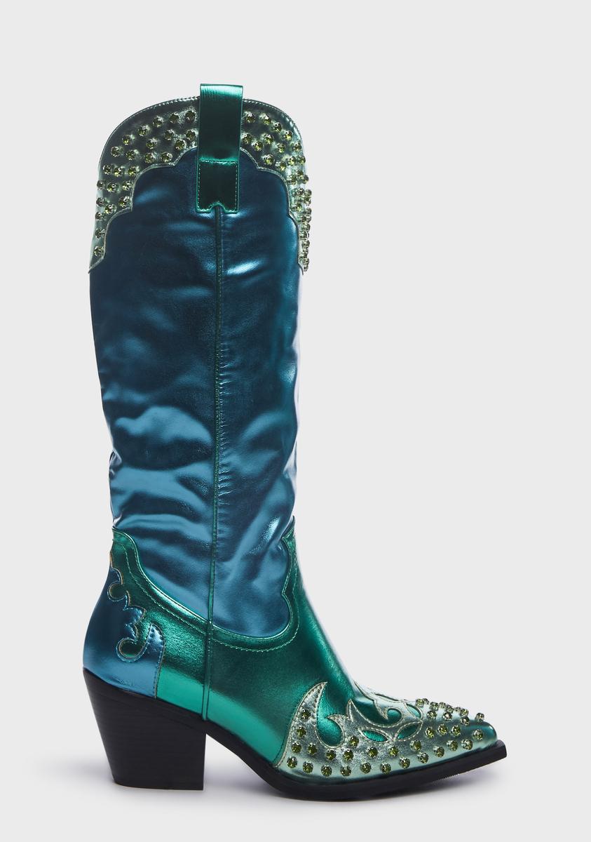 AZALEA WANG Metallic Rhinestone Cowboy Boots - Blue – Dolls Kill