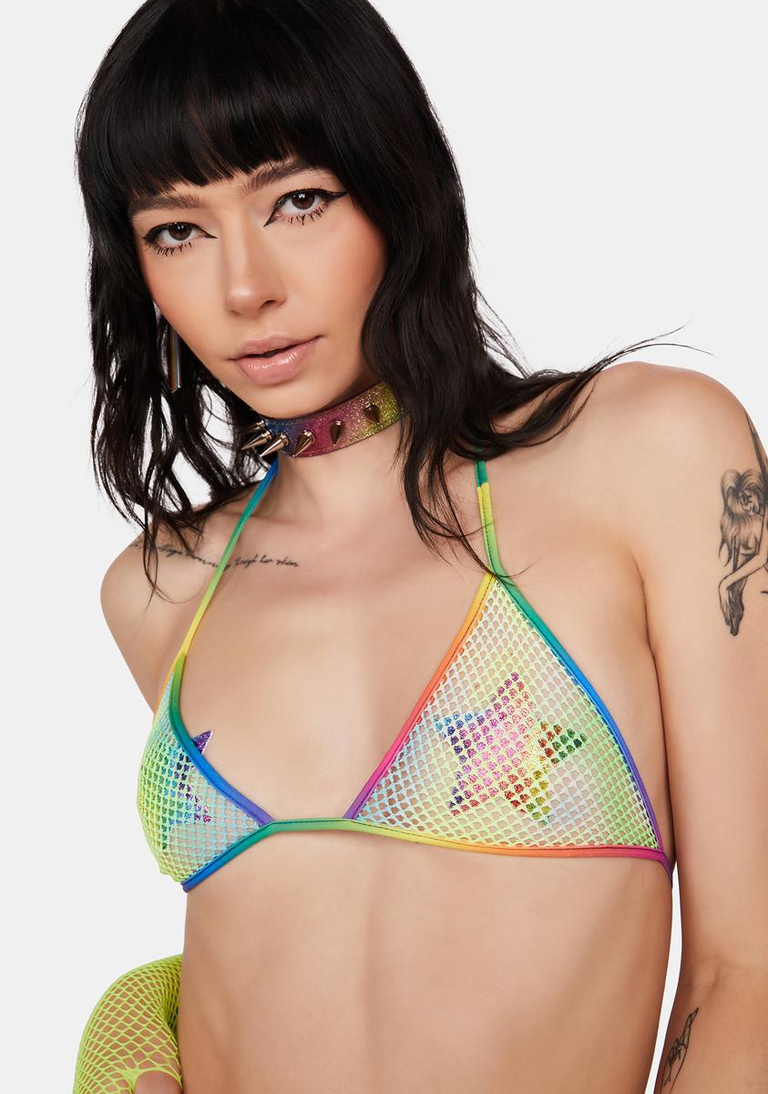 Roma Tie Dye Rainbow Fishnet Bikini Top - Green Dolls Kill Roma Tie Dye Rainbow Fishnet Bikini Top - Green Dolls Kill