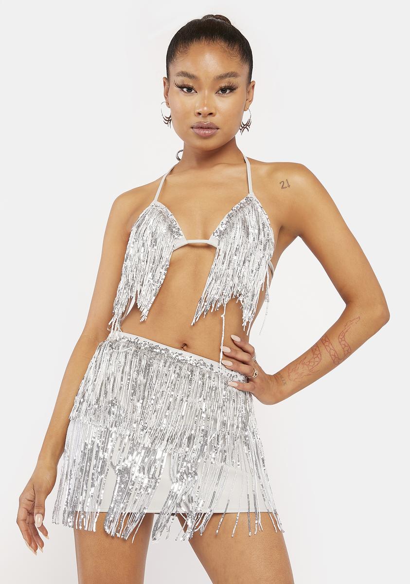 Sequin Fringe Skirt And Bra Set Silver – Dolls Kill