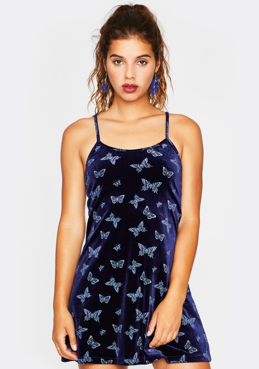 Delias Butterfly Print Mini Dress Velvet Dark Blue Delias Butterfly Print Mini Dress Velvet Dark Blue