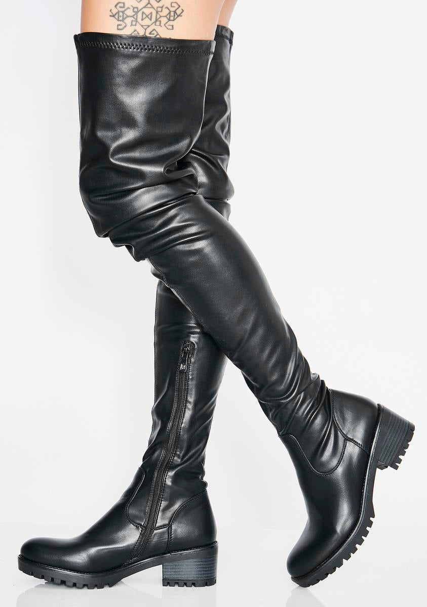D-Fiction Heeled Thigh Boot Black Calfskin and Leather-Effect Stretch  Material