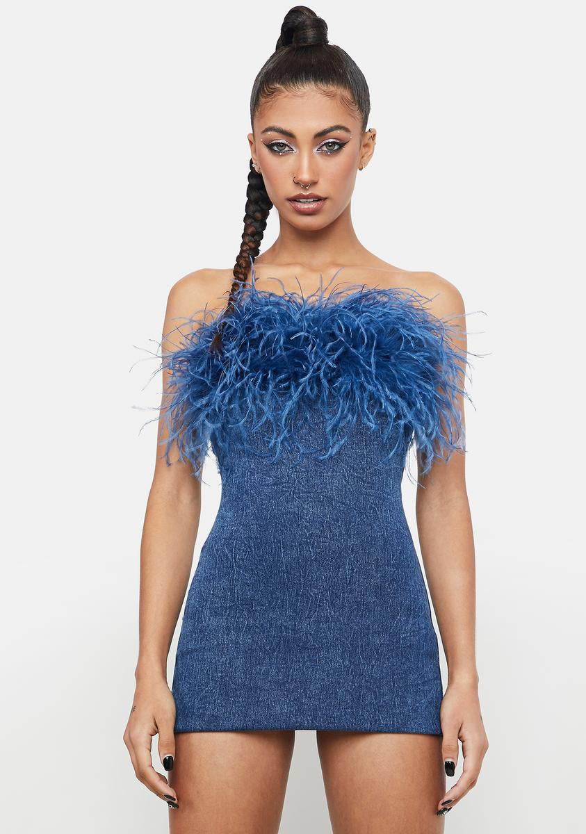 Faux Fur Trim Strapless Mini Dress - Blue Faux Fur Trim Strapless Mini Dress - Blue