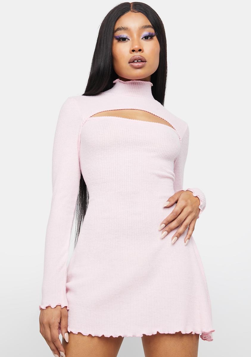 Long Sleeve A Line Lettuce Trim Keyhole Mock Neck Mini Dress - Light Pink Long Sleeve A Line Lettuce Trim Keyhole Mock Neck Mini Dress - Light Pink