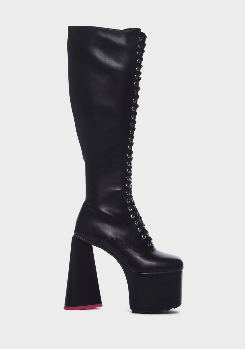 Lamoda Heart Heel Lace Up Knee High Platform Boots - Black