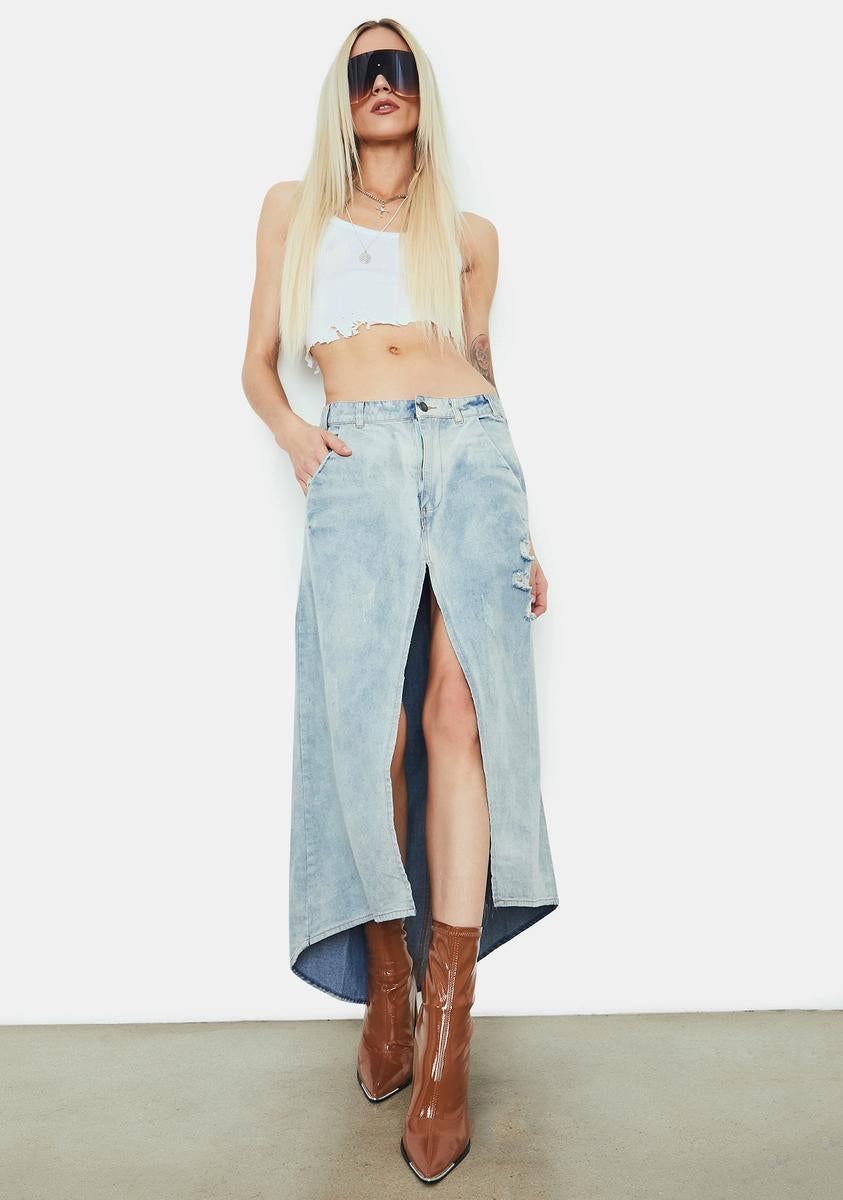 Vintage Denim Circle Skirt With Middle Slit Light Blue Wash