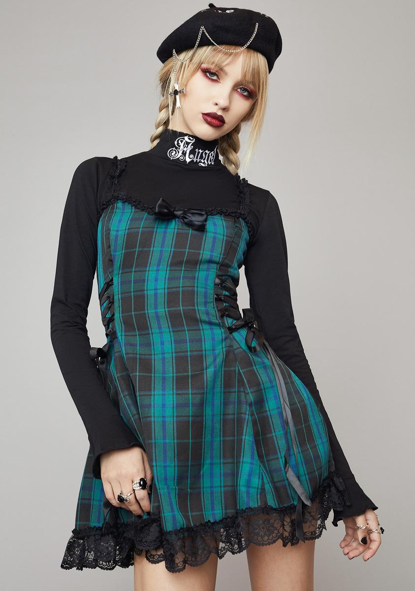 Widow Plaid Lace Trim Satin Bow Mini Dress - Black Green Widow Plaid Lace Trim Satin Bow Mini Dress - Black Green